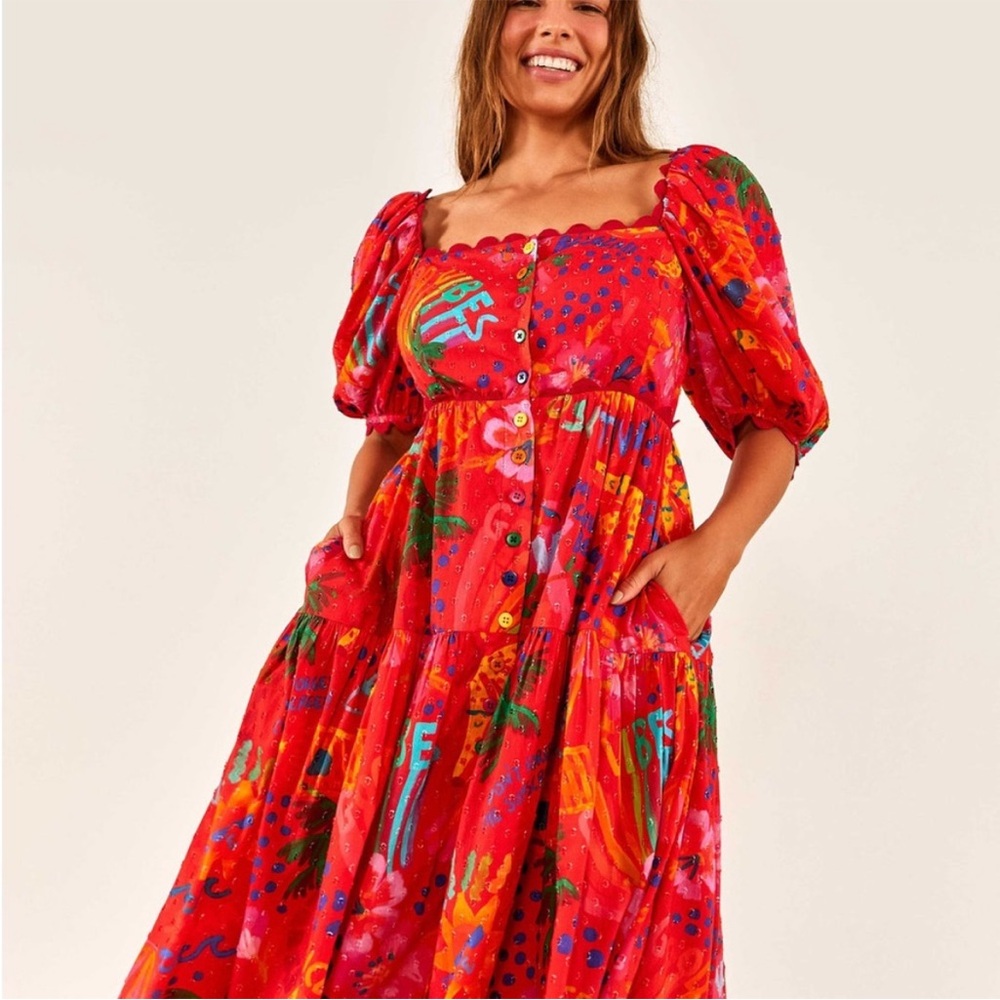 Farm Rio Good Vibes Puff Sleeve Midi Dress  XS